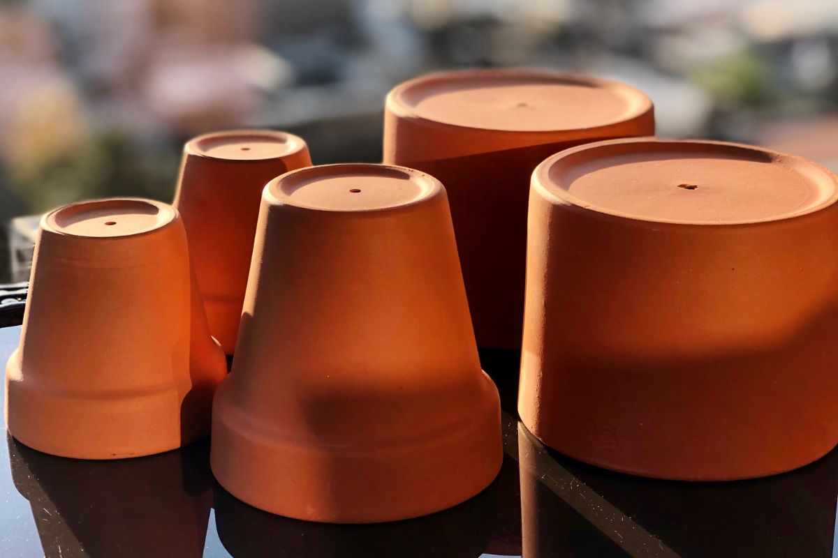 Five terracotta pots of varying sizes are arranged upside down on a reflective surface.