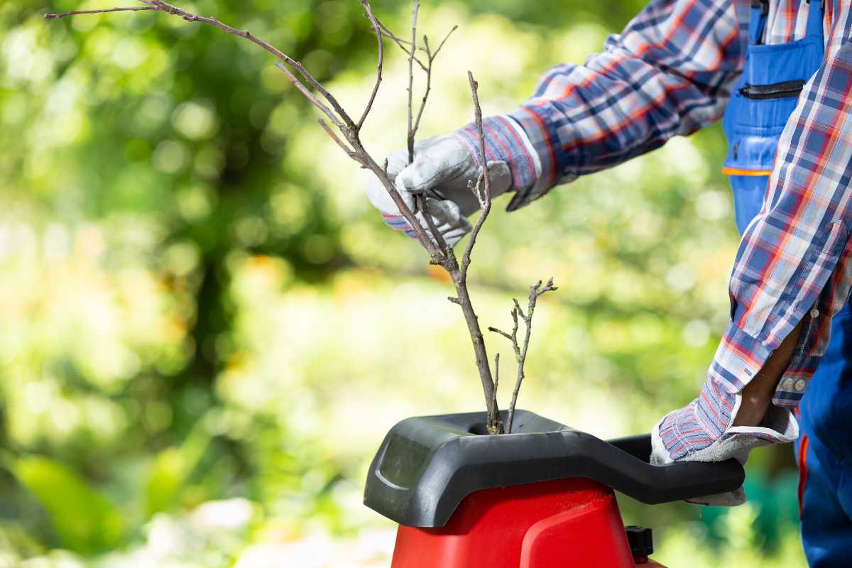 A person in a plaid shirt and work gloves feeds a branch into a wood chipper in a lush outdoor setting. 