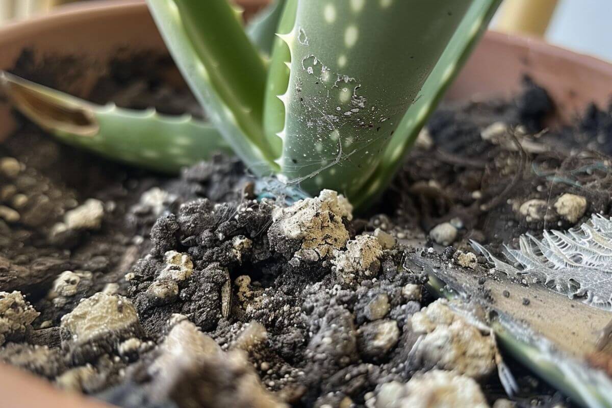 An aloe vera plant with thick, spiky green leaves. The soil around the base of the plant appears rough, dry, and lumpy with white patches. 