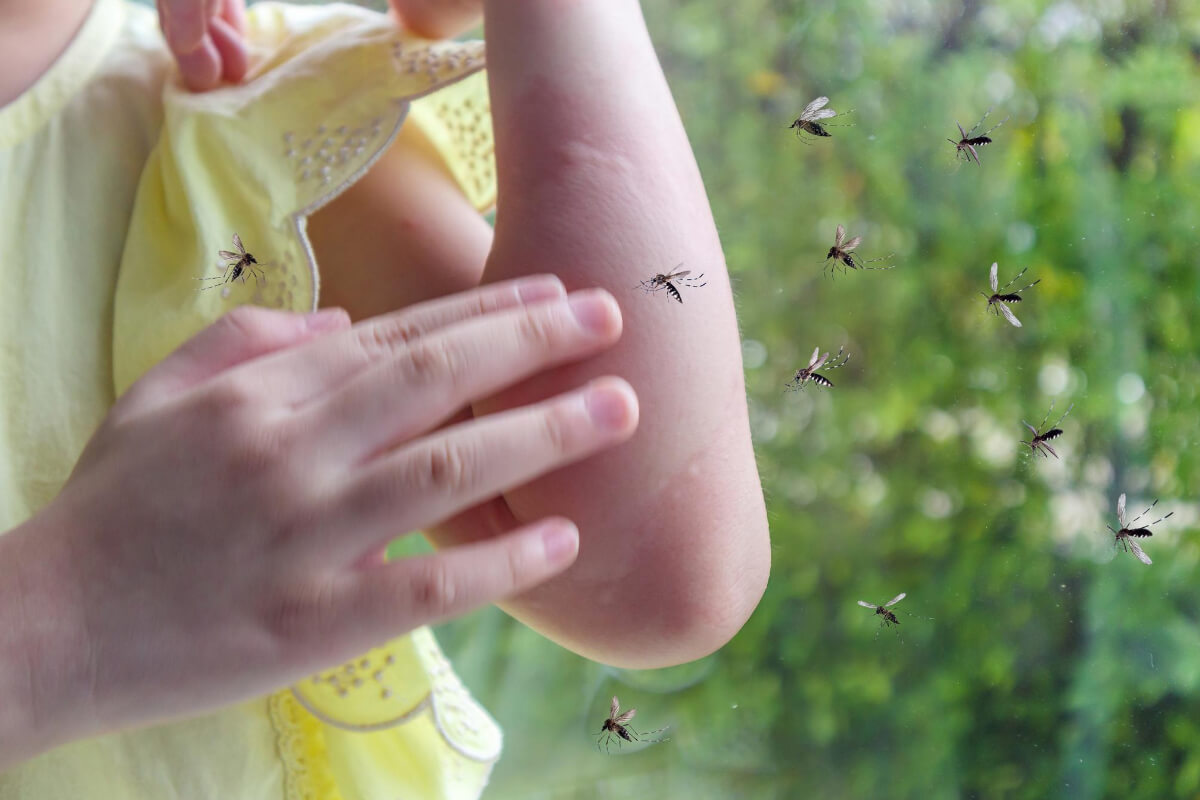 Child wearing a yellow shirt scratching their arm while surrounded by several mosquitoes, emphasizing the need for pest control. 