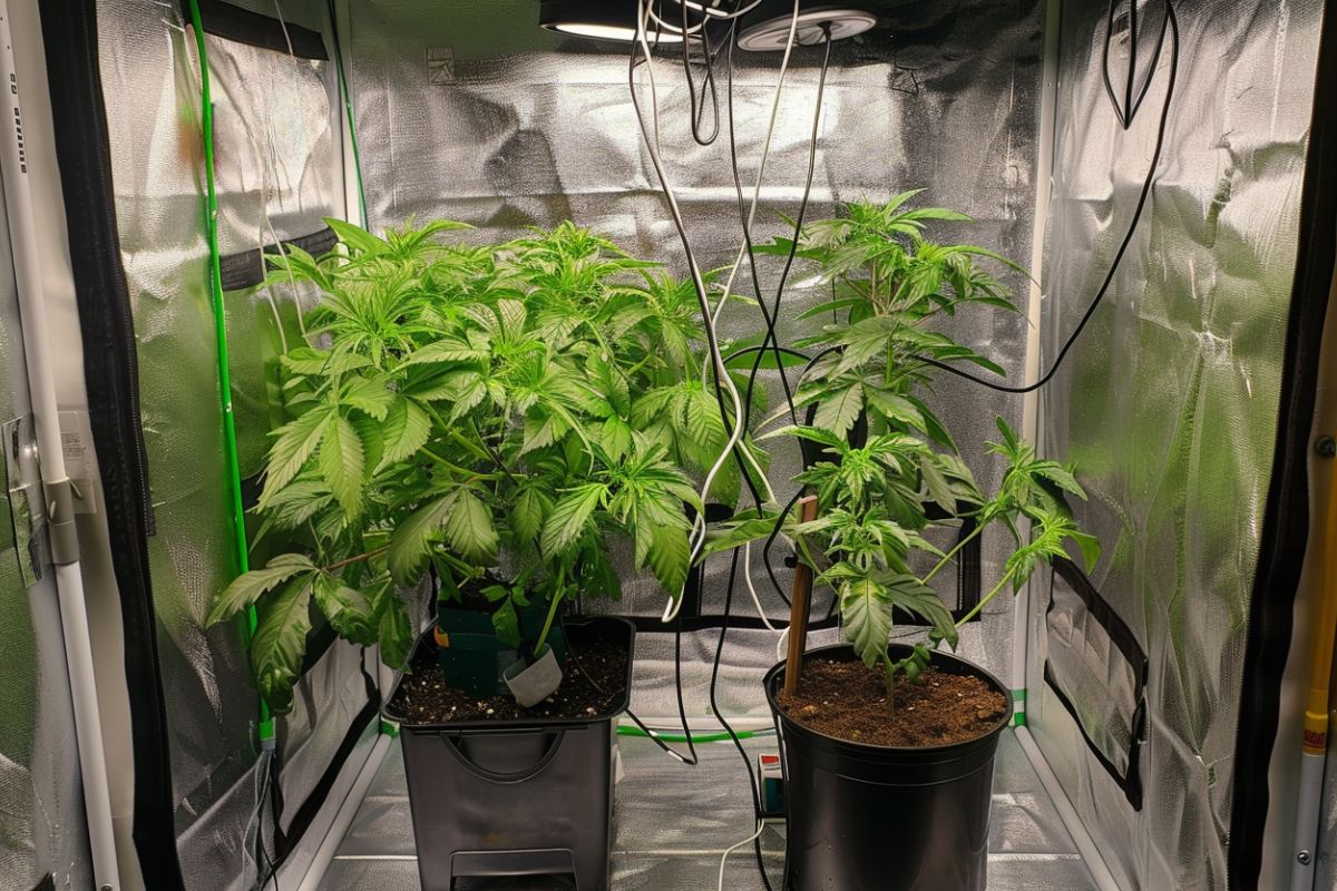 Two plants are displayed in a reflective grow tent under artificial lighting.