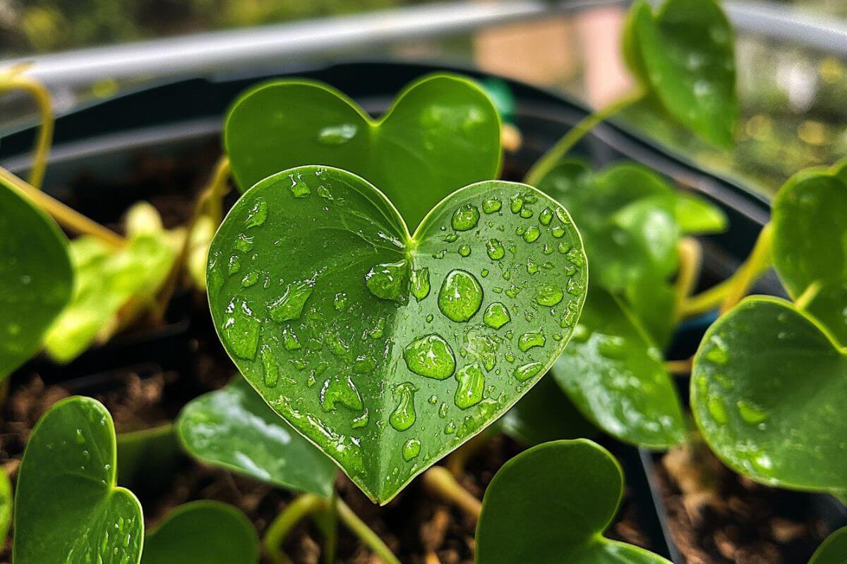 Close-up of a heart-shaped green Philodendron grazielae leaf covered in water droplets.