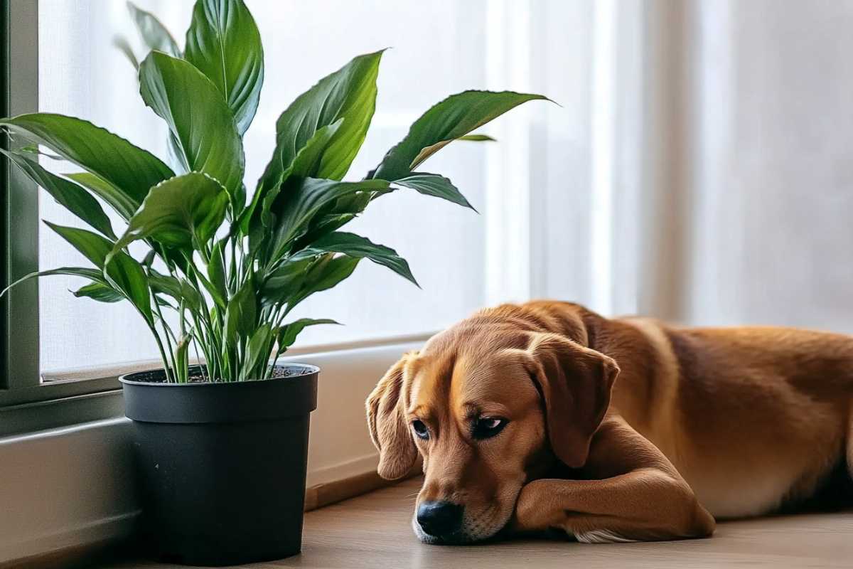 A brown dog lies on the floor beside a peace lily pot, something you have to be careful of as a dog owner.