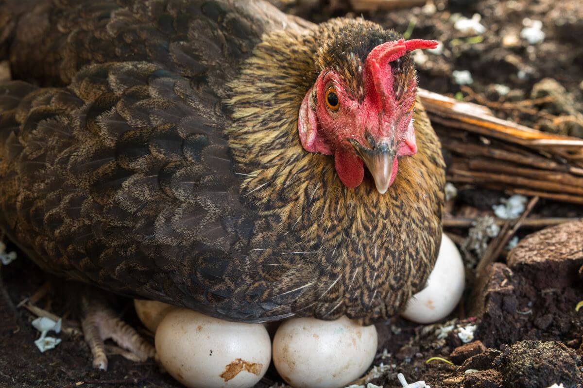 A hen with brown and black feathers is sitting on several white eggs. 