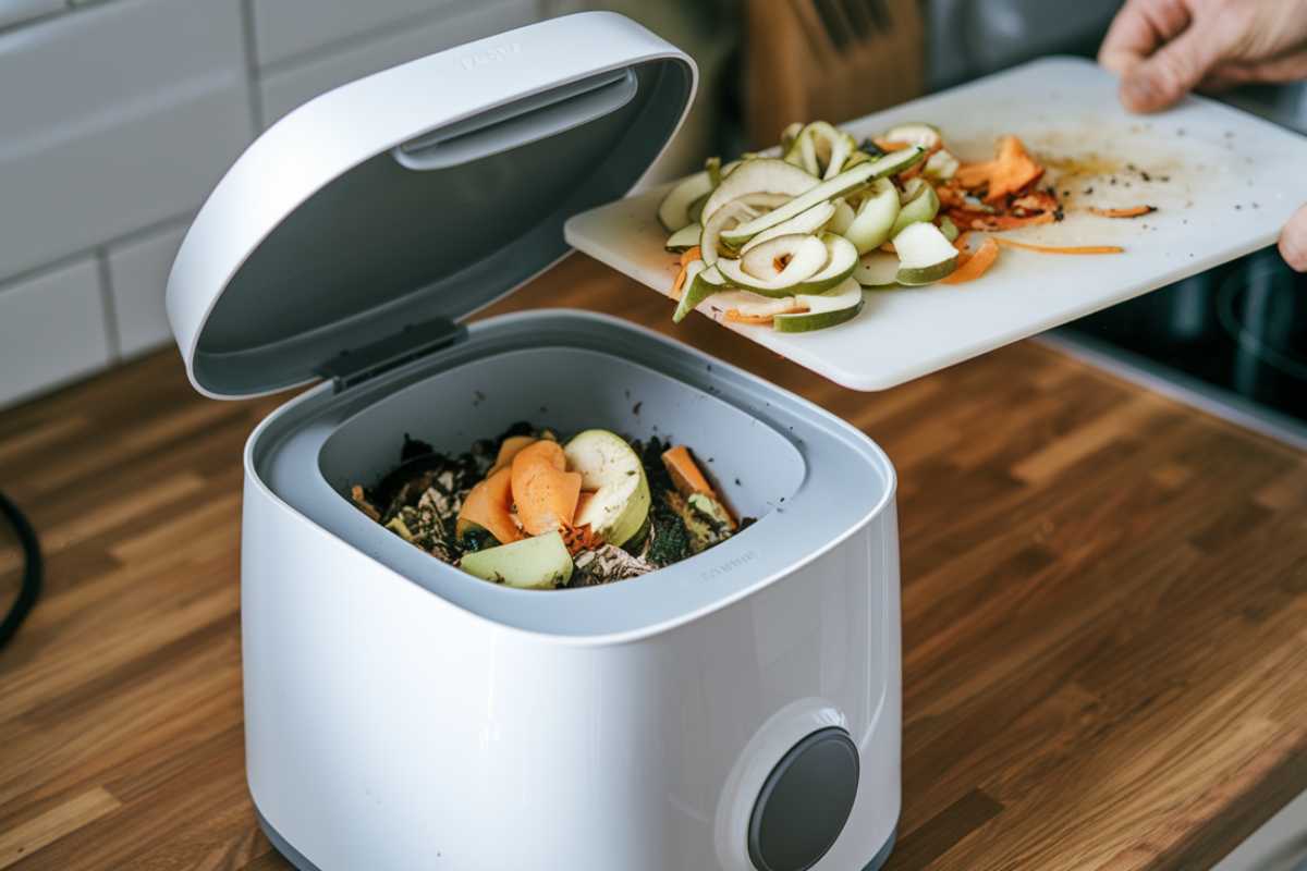 A person is using a white compost bin, often touted as the best compost machine, on a wooden counter. 