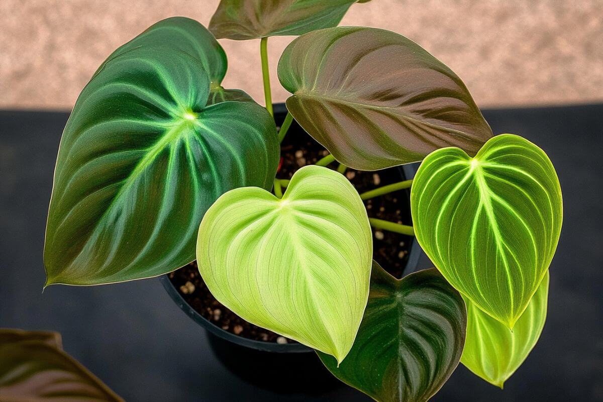 A potted philodendron camposportoanum plant featuring large, heart-shaped leaves.