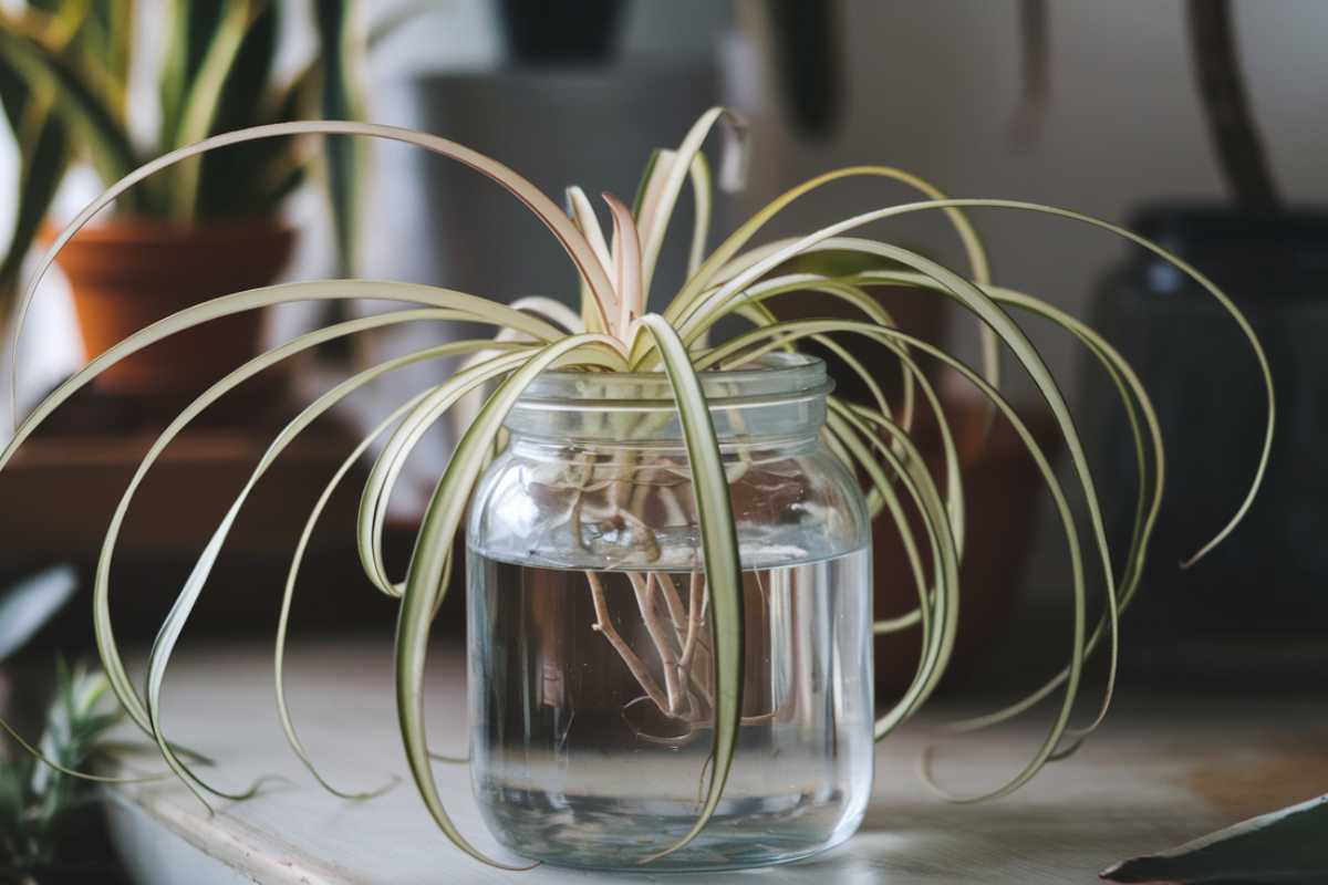 A spider plant in water with long, arching green and white leaves is growing in a glass jar. 