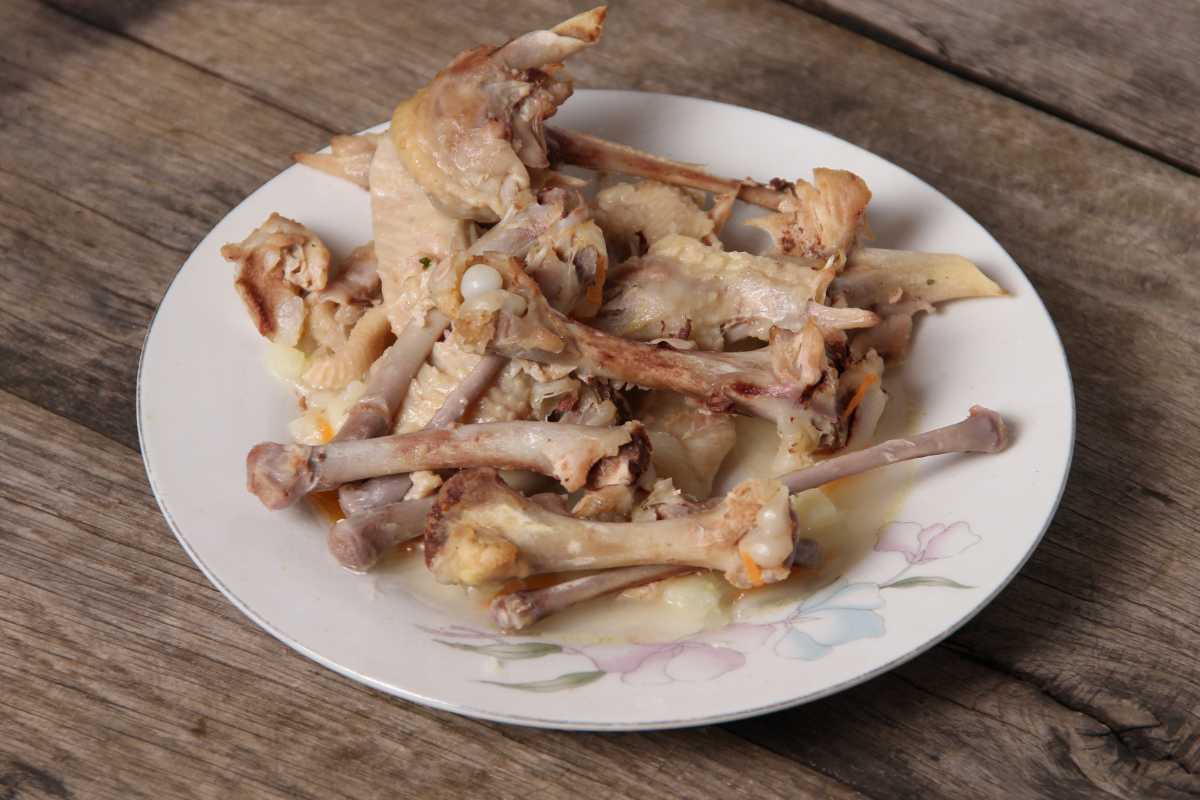 A ceramic plate with a floral design holds a pile of chicken bones and scraps of meat, ready to be added to the compost.