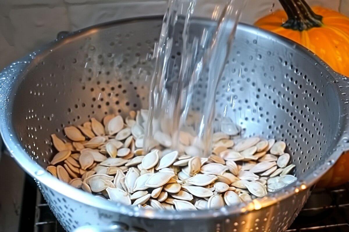 Water being poured over pumpkin seeds in a silver colander, nestled in a kitchen sink. A small, bright orange pumpkin is visible in the background.