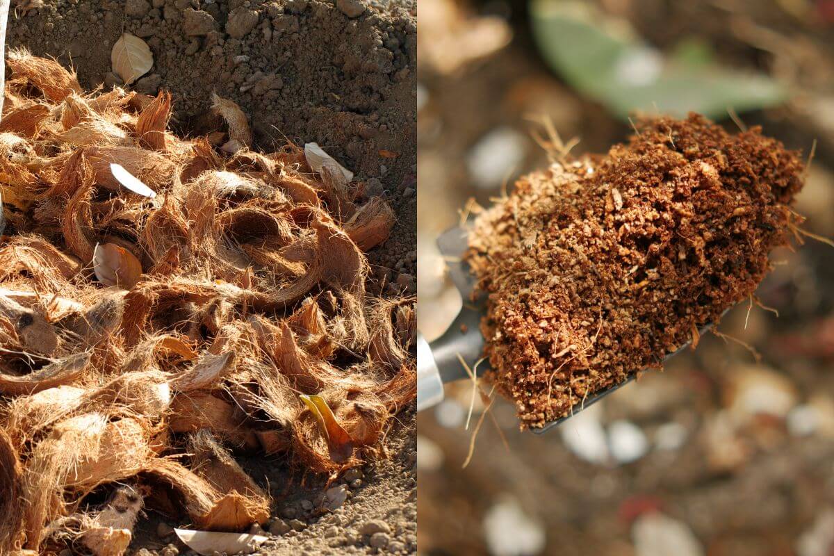 A split image comparing Coco Coir and Coco Peat. a pile of raw coconut coir on the left, and a close-up of a shovel holding finely ground coco peat on the right.