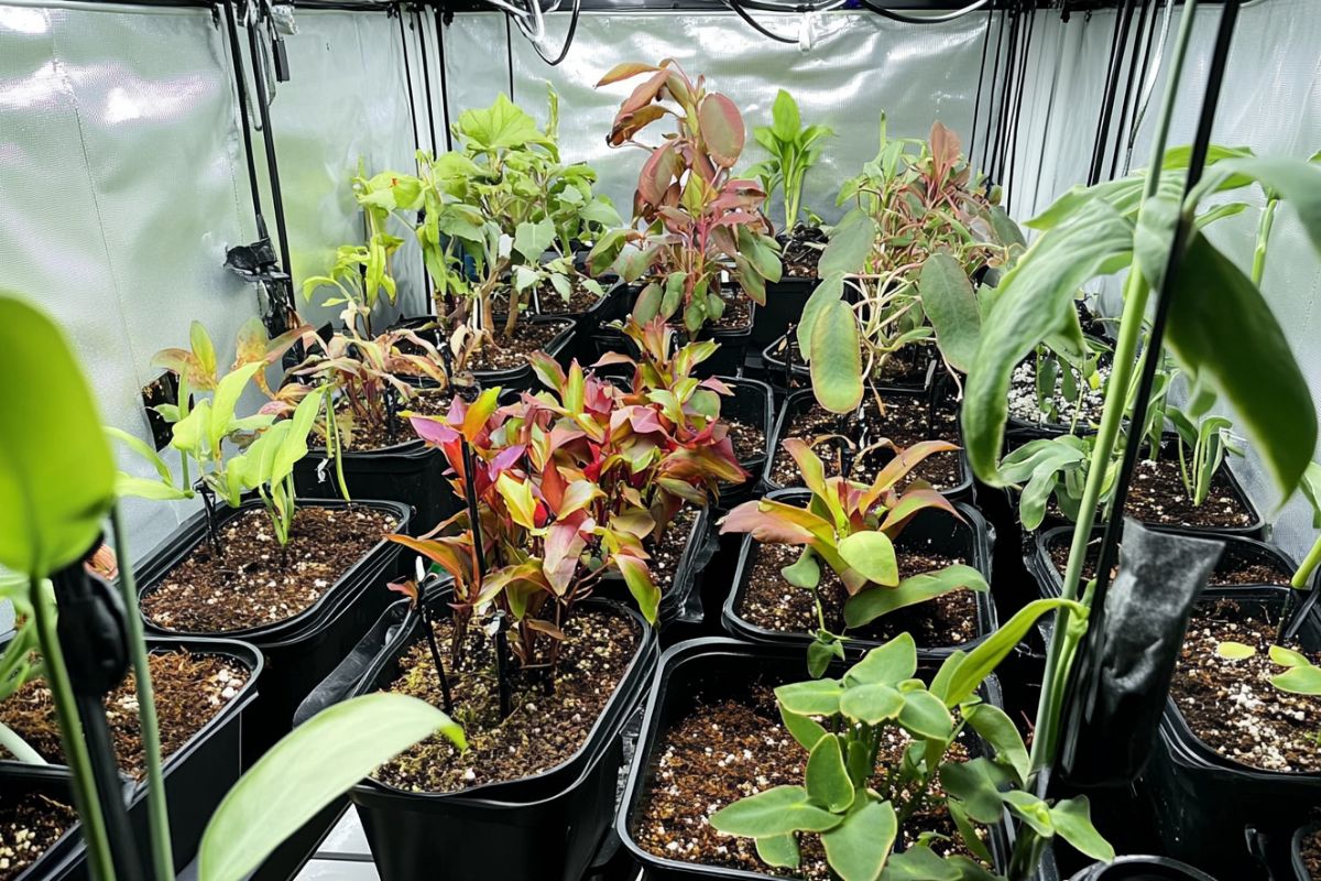 A collection of various plants in black pots inside a grow tent, with overhead lights illuminating the space.