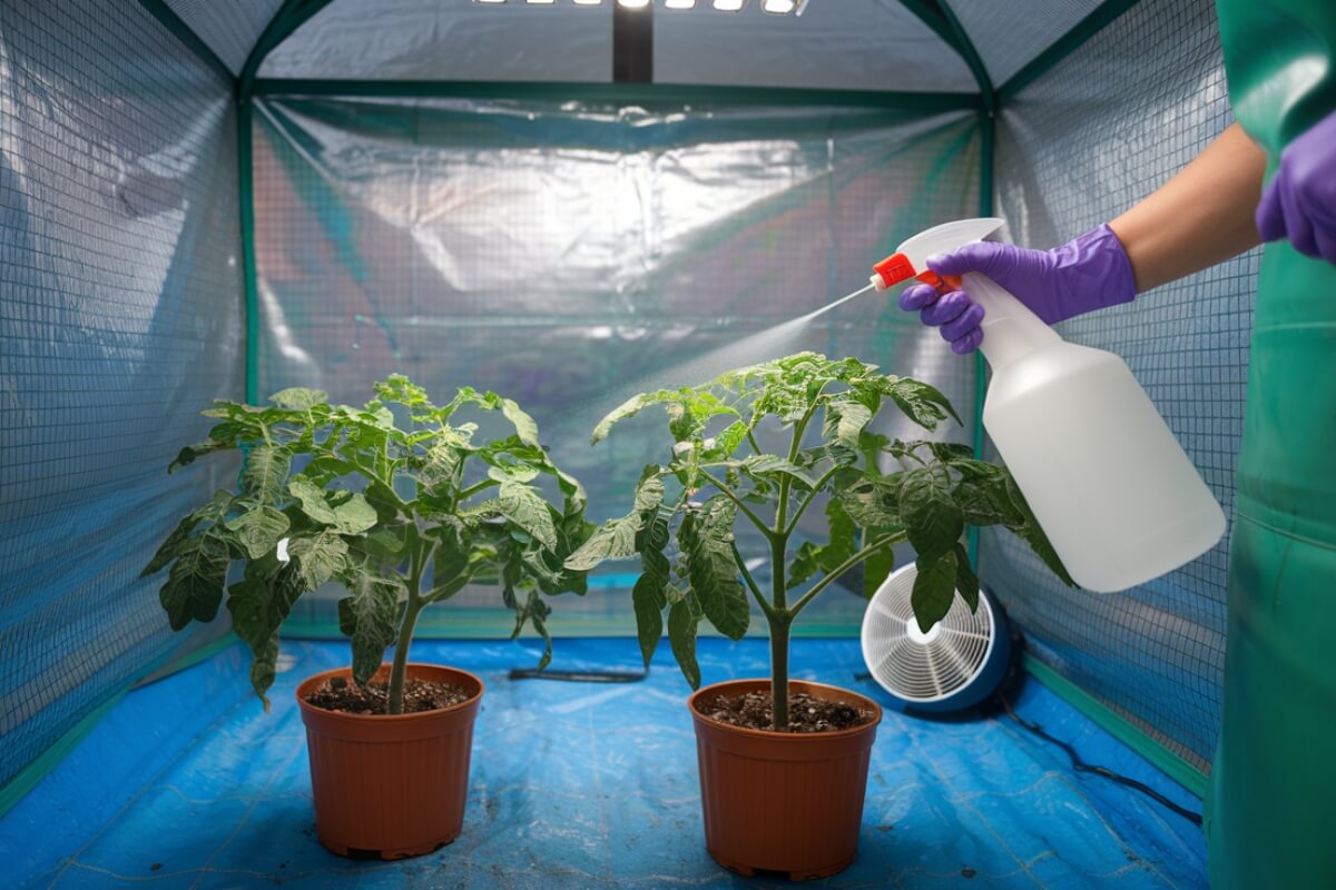 A person wearing purple gloves is spraying a white liquid from a spray bottle onto two potted tomato plants inside a small grow tent.