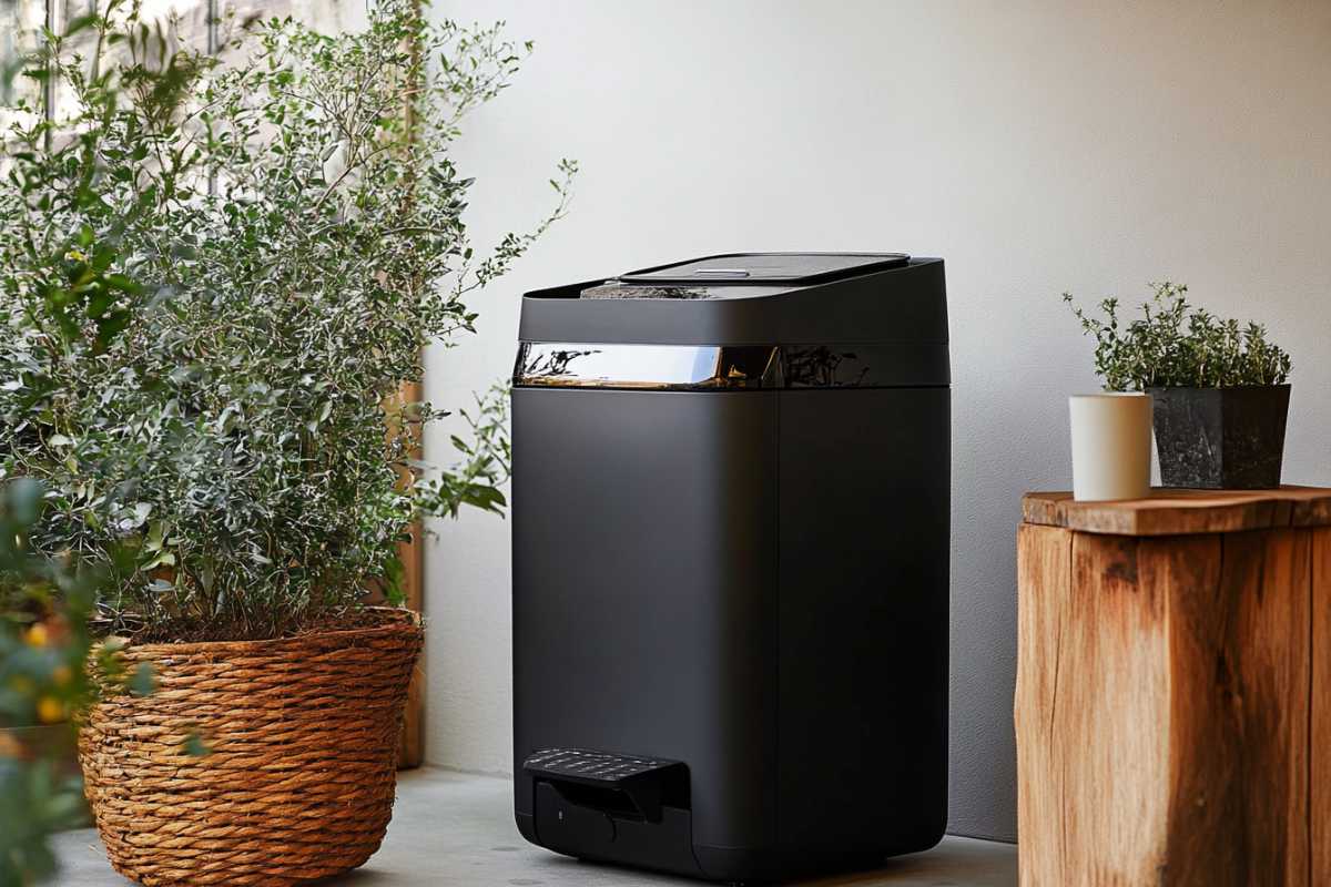 A sleek, modern black electric composter with a pedal-operated lid is placed indoors, situated between a large wicker basket plant and a wooden stool holding a smaller potted plant and a white cup. 