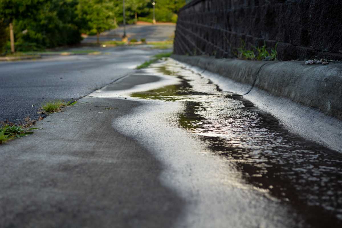 A shallow stream of stormwater flows along a concrete gutter beside an empty, sunlit road bordered by a stone wall. 