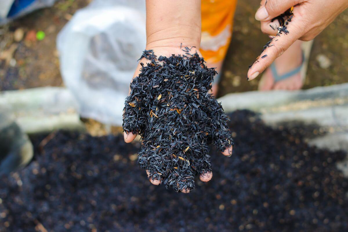 A person holds a mound of black ash compost in one hand above a large container filled with more ash compost.