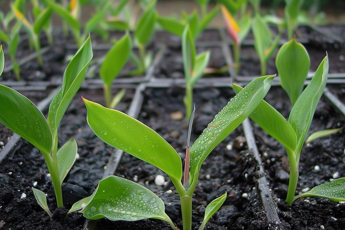 Young bird of paradise plants with dewdrops on their leaves are sprouting in neat rows of dark, fertile soil.