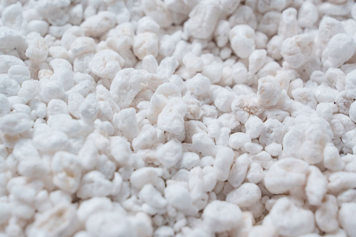 A close-up image shows a collection of white, small, irregularly shaped, lightweight pieces of perlite.