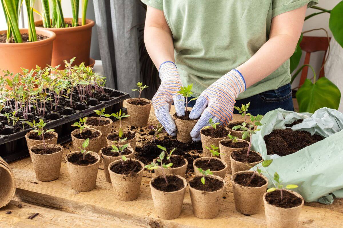 A person wearing striped gloves is transplanting tomato seedlings into small biodegradable pots filled with soil on a wooden table, one of the steps on how to start a vegetable garden.