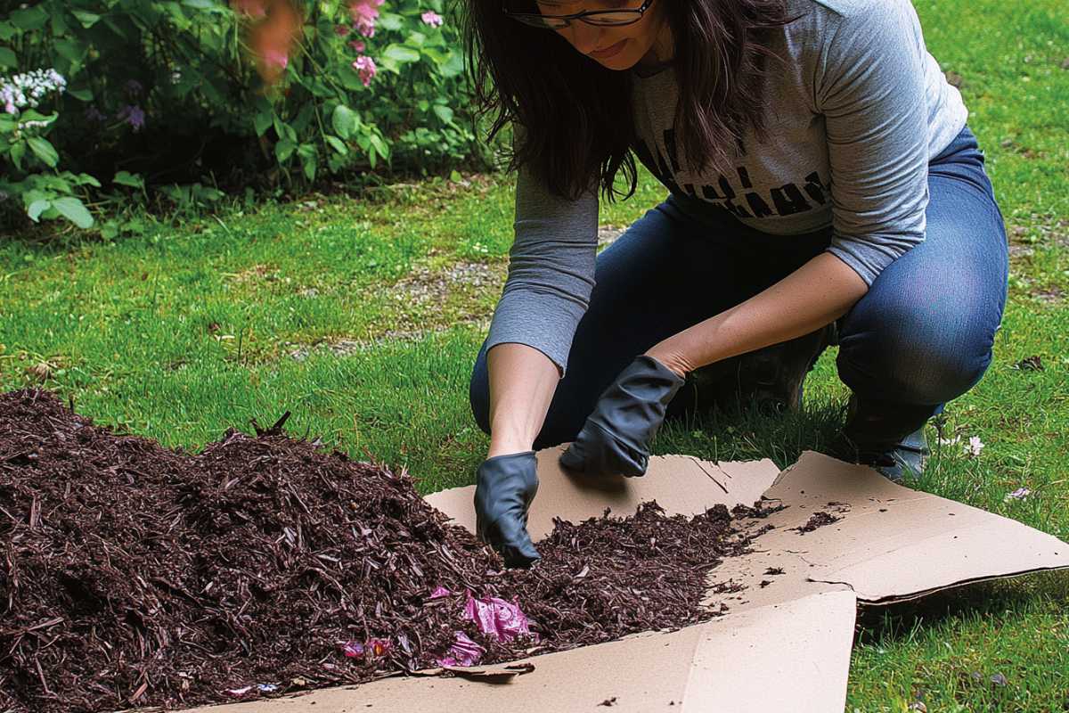 A person wearing gloves kneels on the grass, spreading mulch over a cardboard sheet in a garden. 