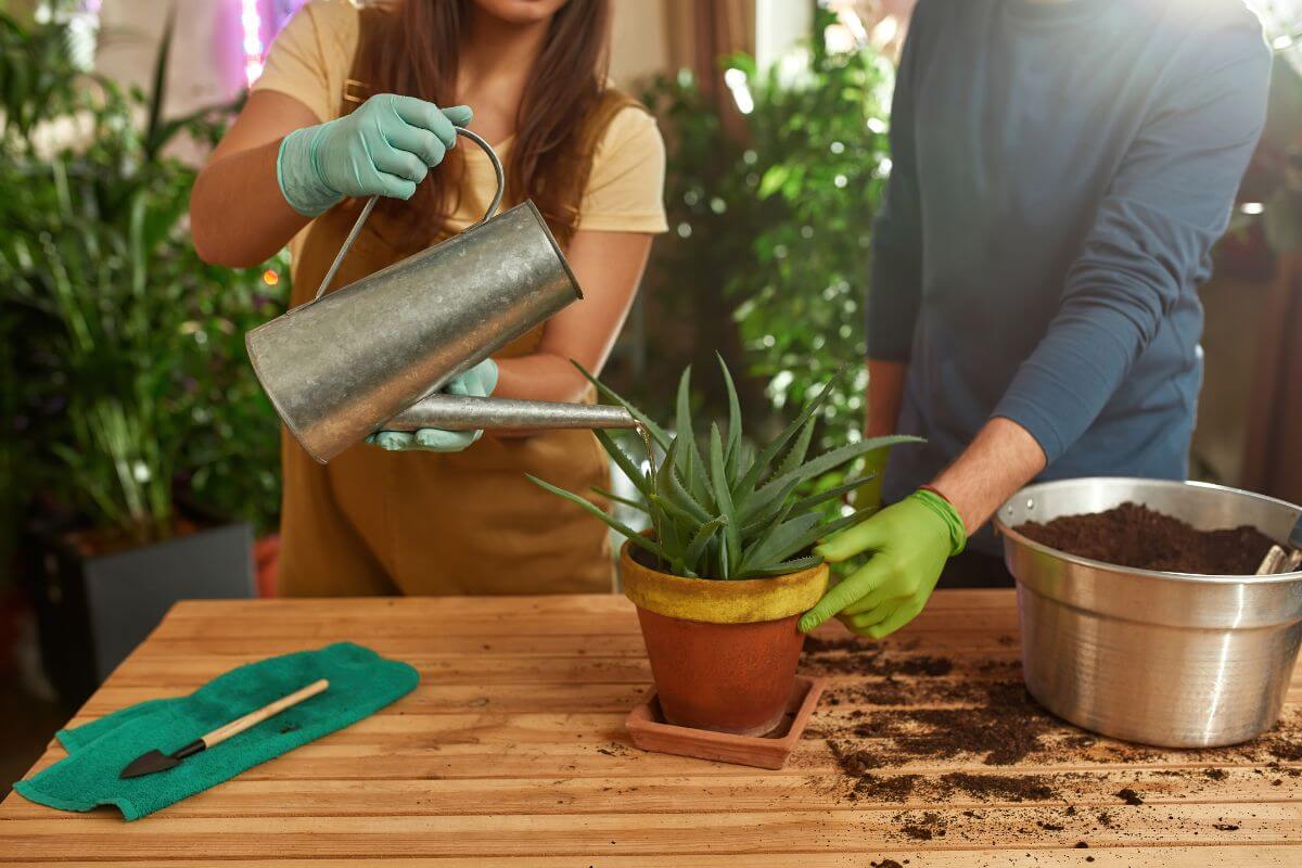 Two people are tending to a potted aloe vera plant on a wooden table, demonstrating how to water aloe vera. One is using a metal watering can while the other adjusts the leaves. 