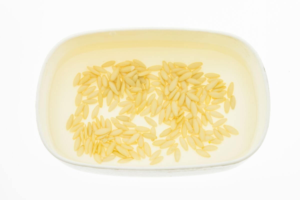 A white, rectangular container holds multiple yellow cucumber seeds spread across the bottom.