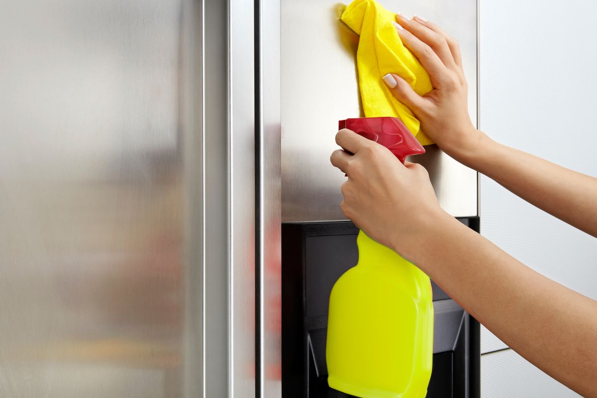 A person is cleaning a stainless steel. They hold a yellow cloth and use a yellow spray bottle with a red trigger to polish the appliance.