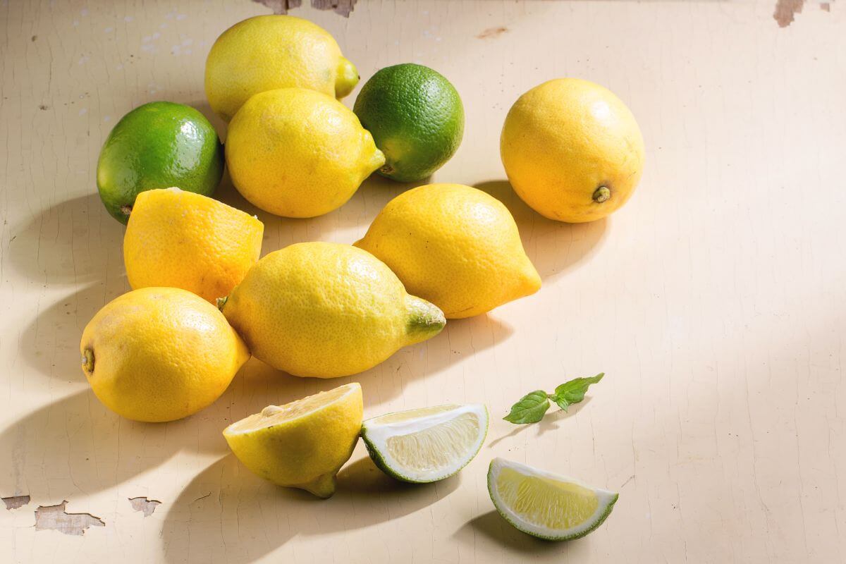 Several yellow lemons and green limes are scattered on a light-colored surface. Some lemons and limes are whole, while a few are cut into halves and wedges.