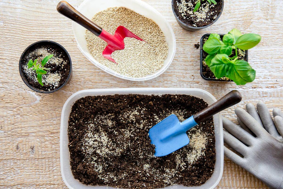 Gardening setup showing a container with soil of vermiculite mixture and a blue spade, a small pot with plants, another container with seeds and a red spade, and gardening gloves on the side, perfect for indoor gardening for beginners.