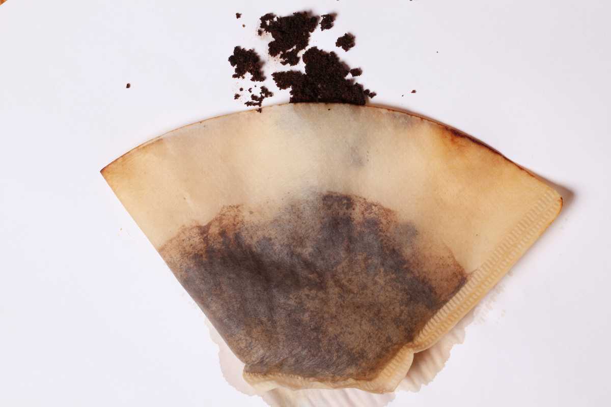 A used coffee filter with dark brown coffee grounds sits on a white surface. Some of the compost coffee grounds have spilled out and are visible on top of the filter. 