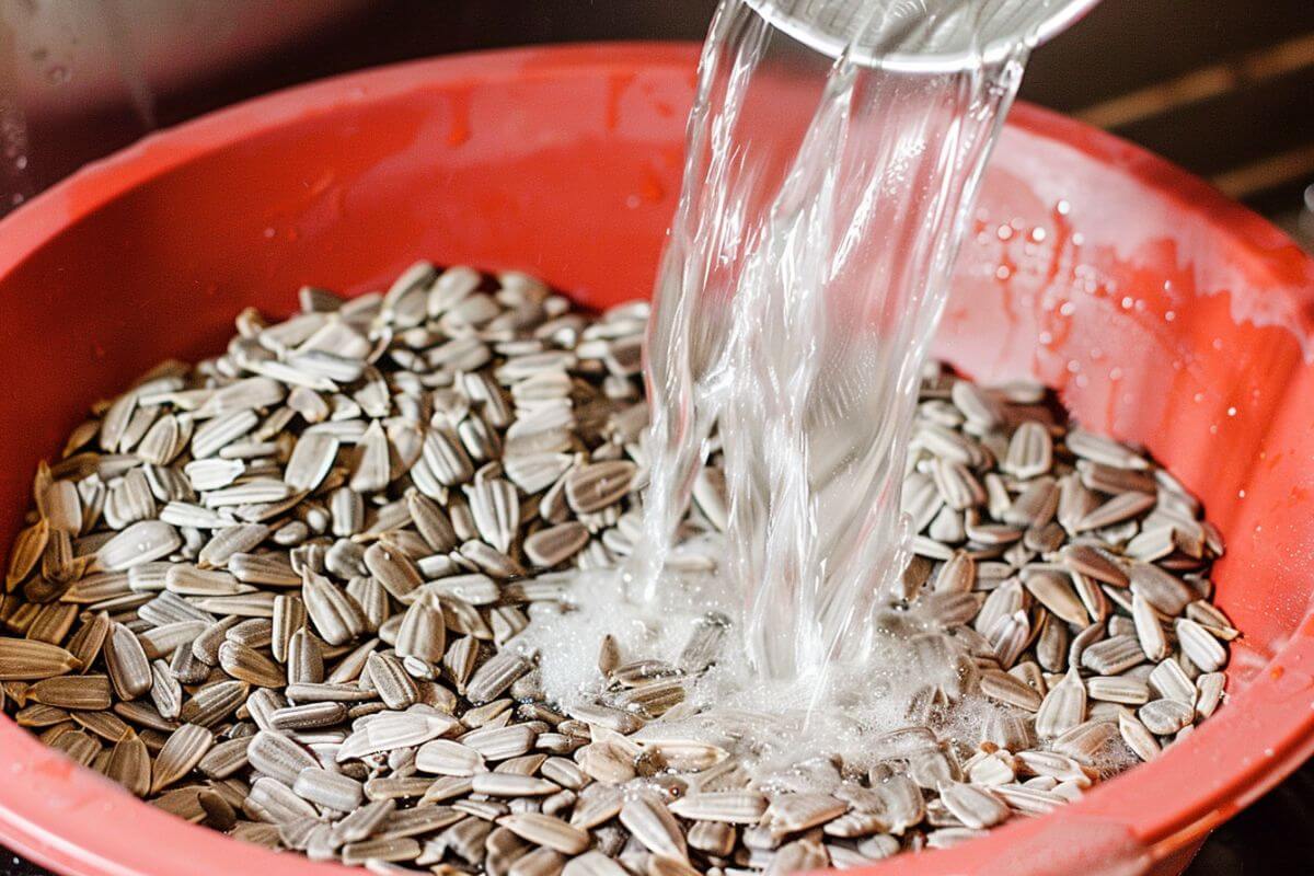 A red bowl of sunflower seeds is being washed under a stream of water, creating foam and ensuring they are clean—an important step in saving sunflower seeds for future use.