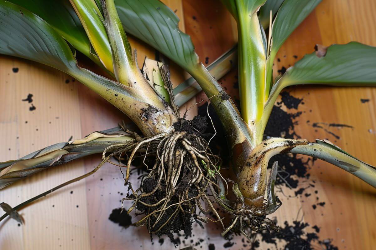 Two plant roots with root rot, showing soil clinging to the roots. The plants are laid on a wooden surface with some loose soil scattered around.