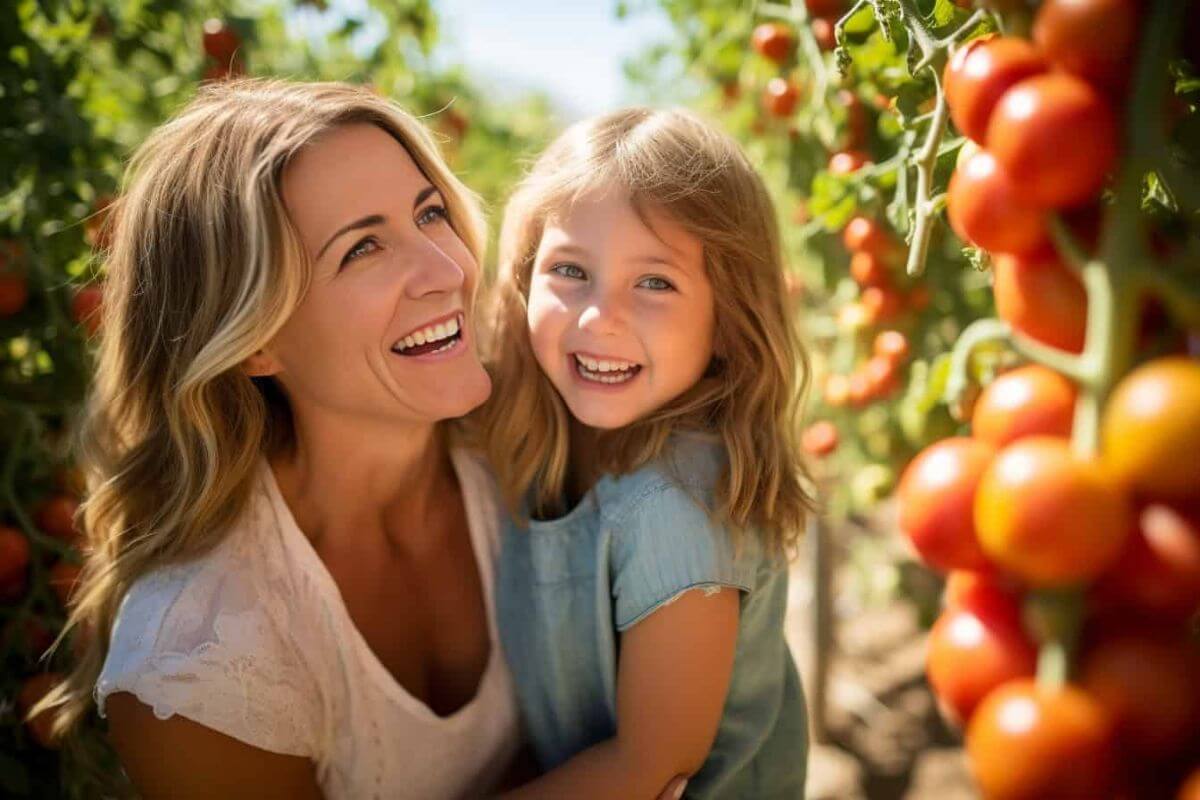 My daughter and I smile joyfully while standing in a sunlit tomato garden, one of the reasons why I love gardening.