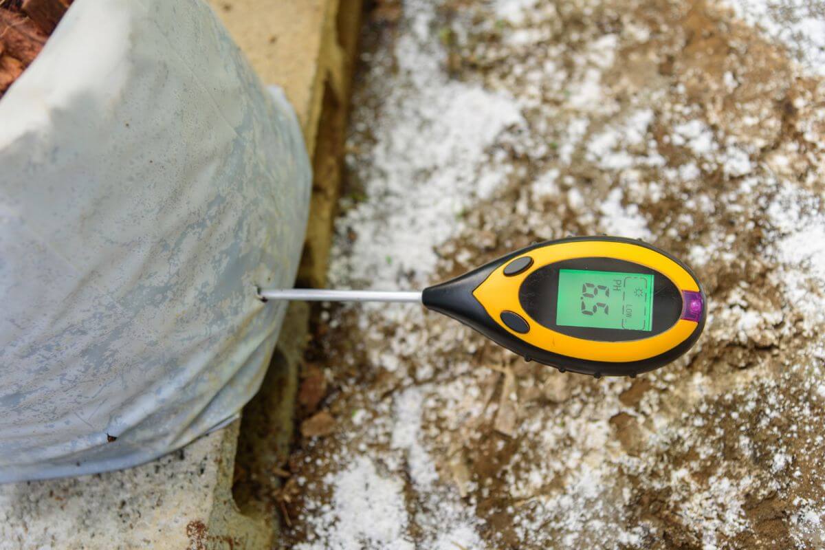 A close-up of a digital soil pH meter inserted into a potted plant.