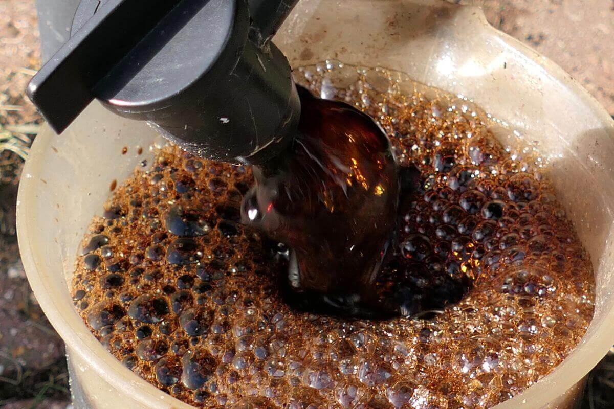 Close-up of worm tea being poured into a container, creating bubbles on the surface, showing the rich, nutrient-filled liquid.