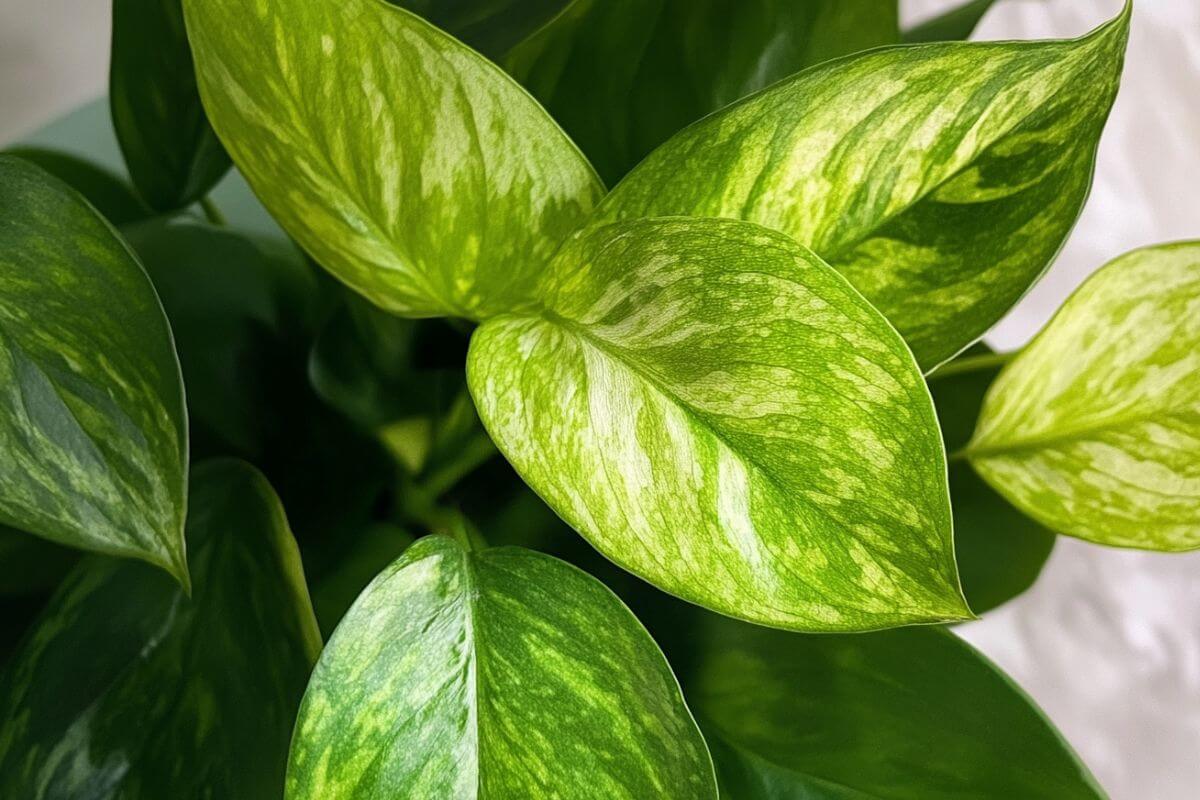 Close-up of a green jessenia pothos plant, showcasing its vibrant heart-shaped leaves with variegated patterns of light and dark green.