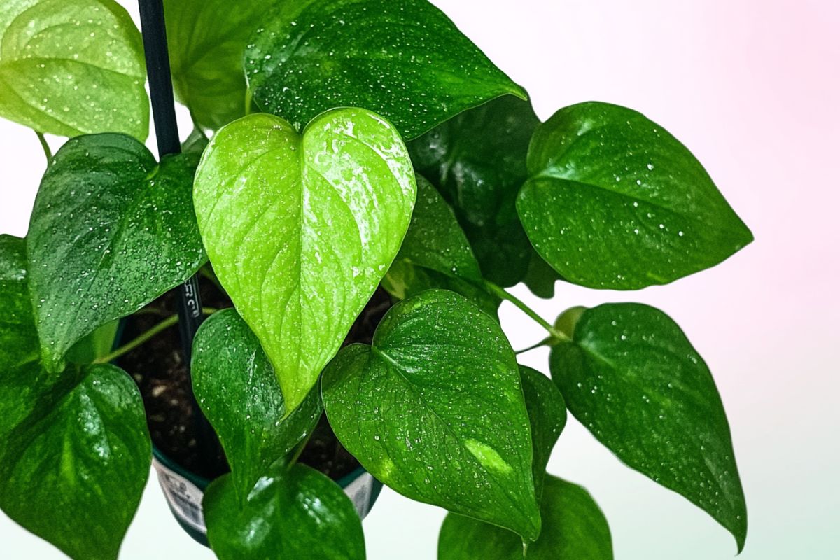 A close-up image of a lush green jessenia pothos plant with heart-shaped leaves.