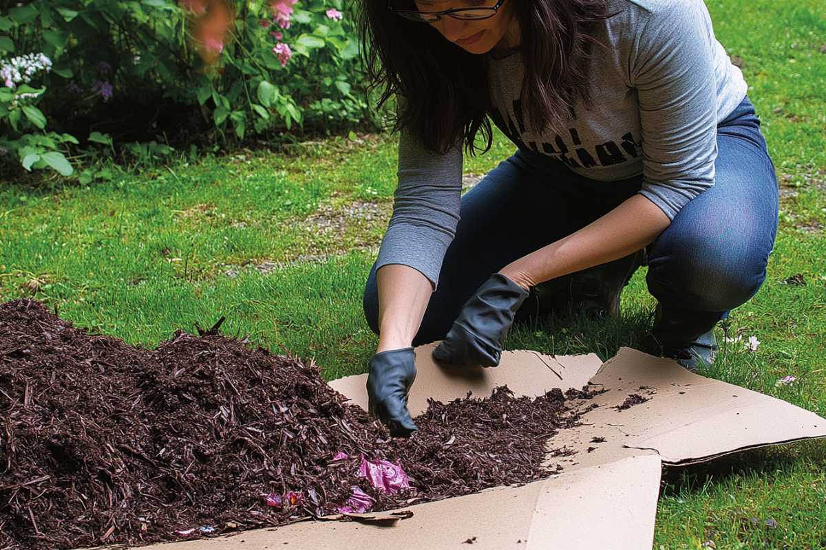 A person wearing black gloves and a gray long-sleeve shirt is kneeling on the grass, spreading mulch over cardboard boxes.