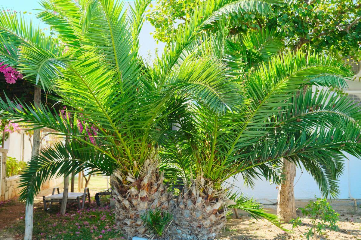 A lush green pygmy date palm tree with dense, feathery fronds stands in a sunlit garden.