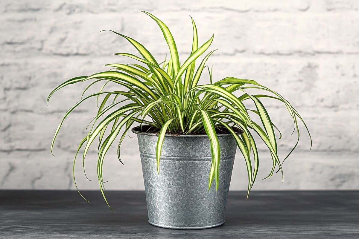 A spider plant with long, slender green leaves featuring white stripes sits gracefully in a metal pot.