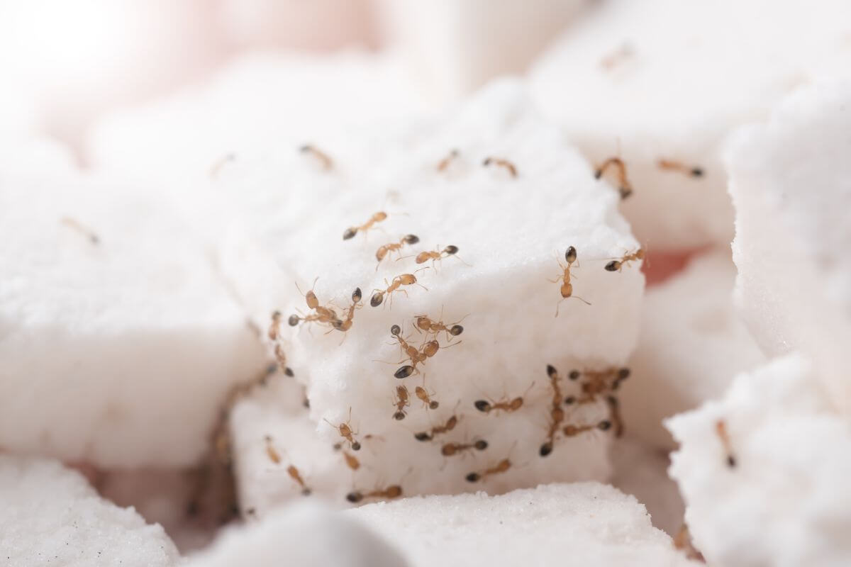 Close-up of several small fire ants crawling over white sugar cubes.