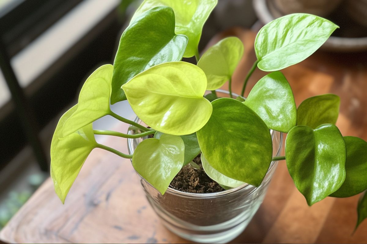 A healthy potted Neon pothos plant with vibrant green, heart-shaped leaves sits on a wooden surface.