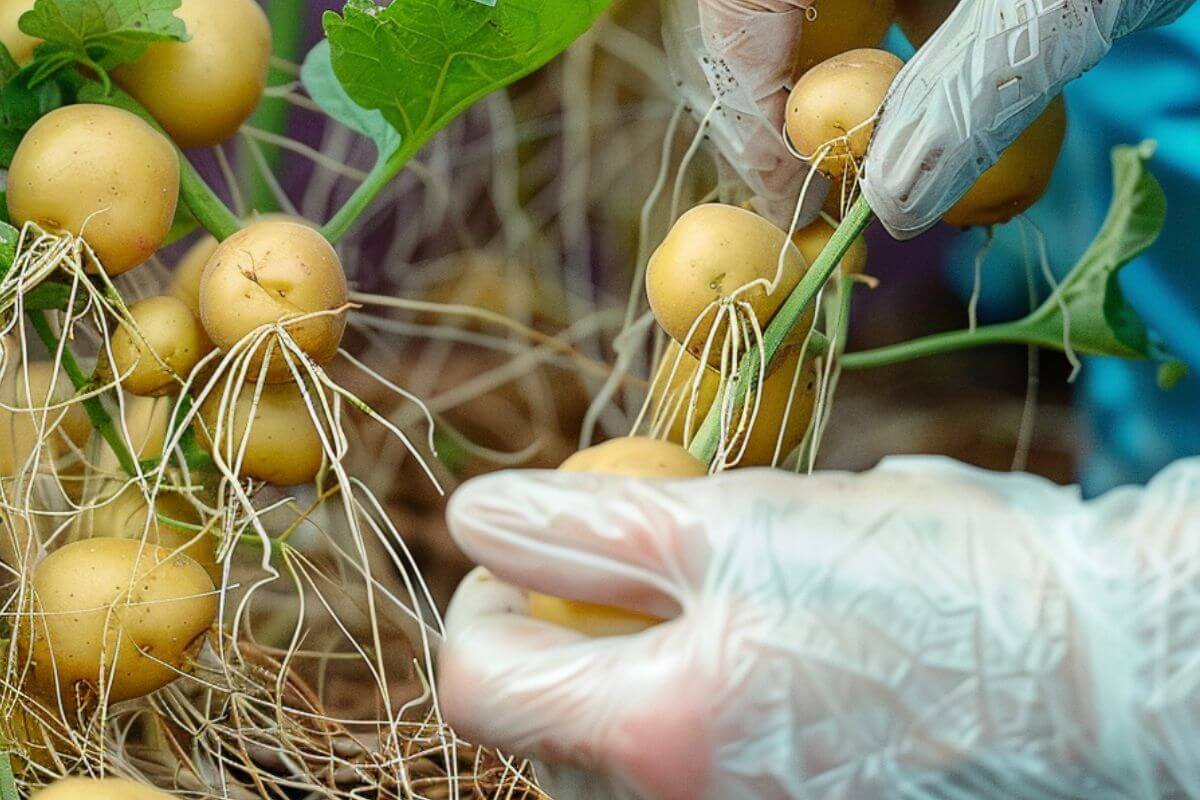 Two gloved hands are harvesting small hydroponic potatoes that are still attached to their roots.