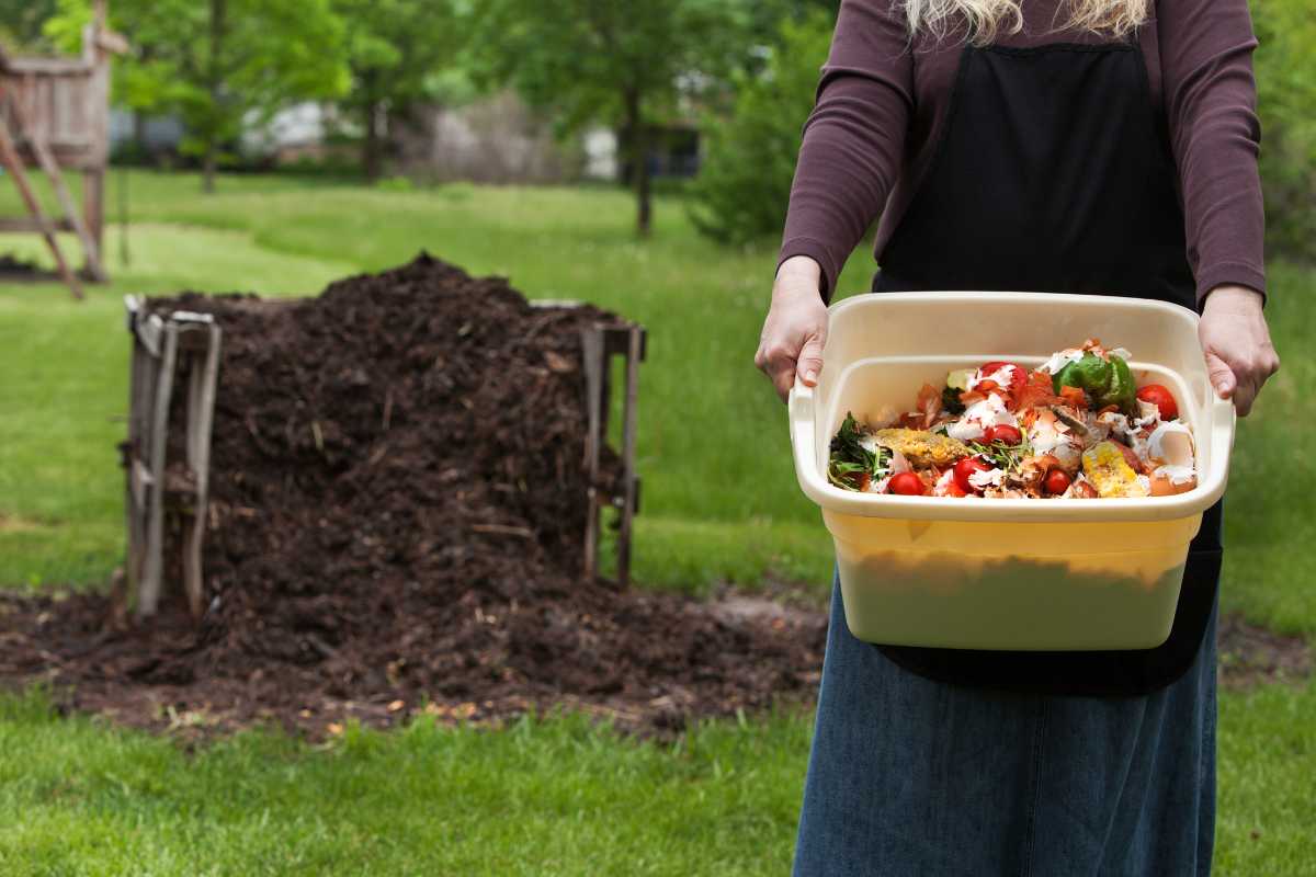 A person is holding a container filled with food scraps and organic waste in a garden. Behind them is a large compost pile, highlighting the compost pros and cons. The setting is a lush, green outdoor area with trees and grass. 