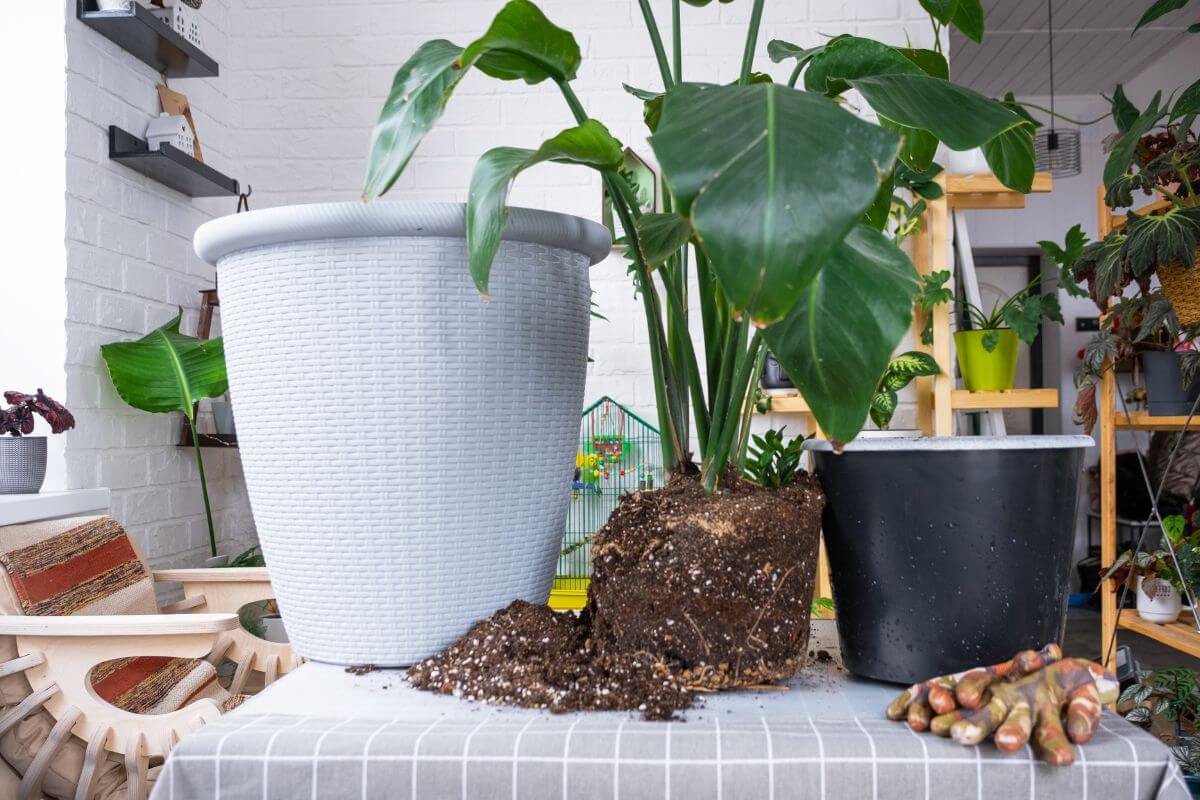 A partially transplanted White Bird of Paradise sits on a checkered tablecloth. The plant, with roots exposed, is positioned between two pots—one black and one white. 