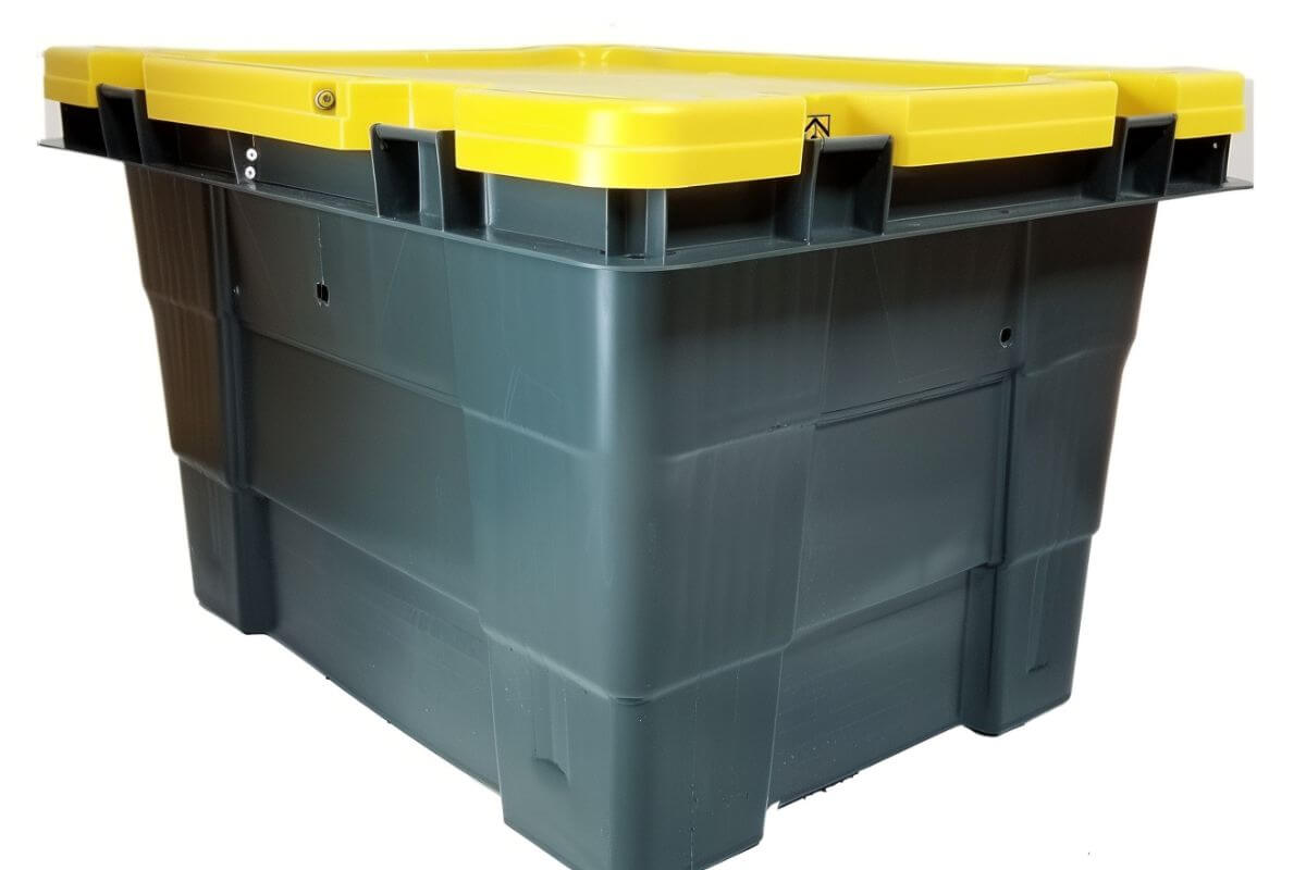 A large, heavy-duty plastic bin with a yellow lid and dark gray body. The bin features reinforced edges, several indents on the sides for grip, and a rugged, durable design suitable for making DIY AeroGarden system.