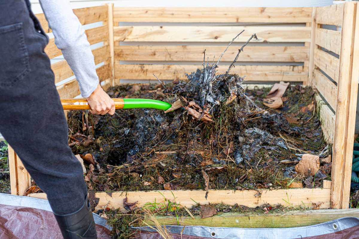 A person turns a compost pile with a green-handled pitchfork inside a wooden compost bin, having recently added a compost starter. 