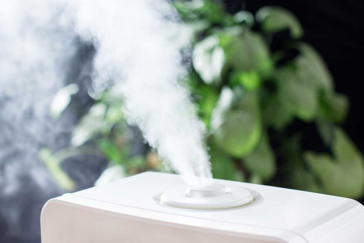 A white ultrasonic humidifier for a grow room emits a stream of mist into the air, with a blurred green plant visible in the background.