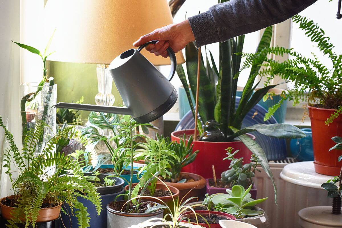 A person is watering various houseplants with a black watering can.