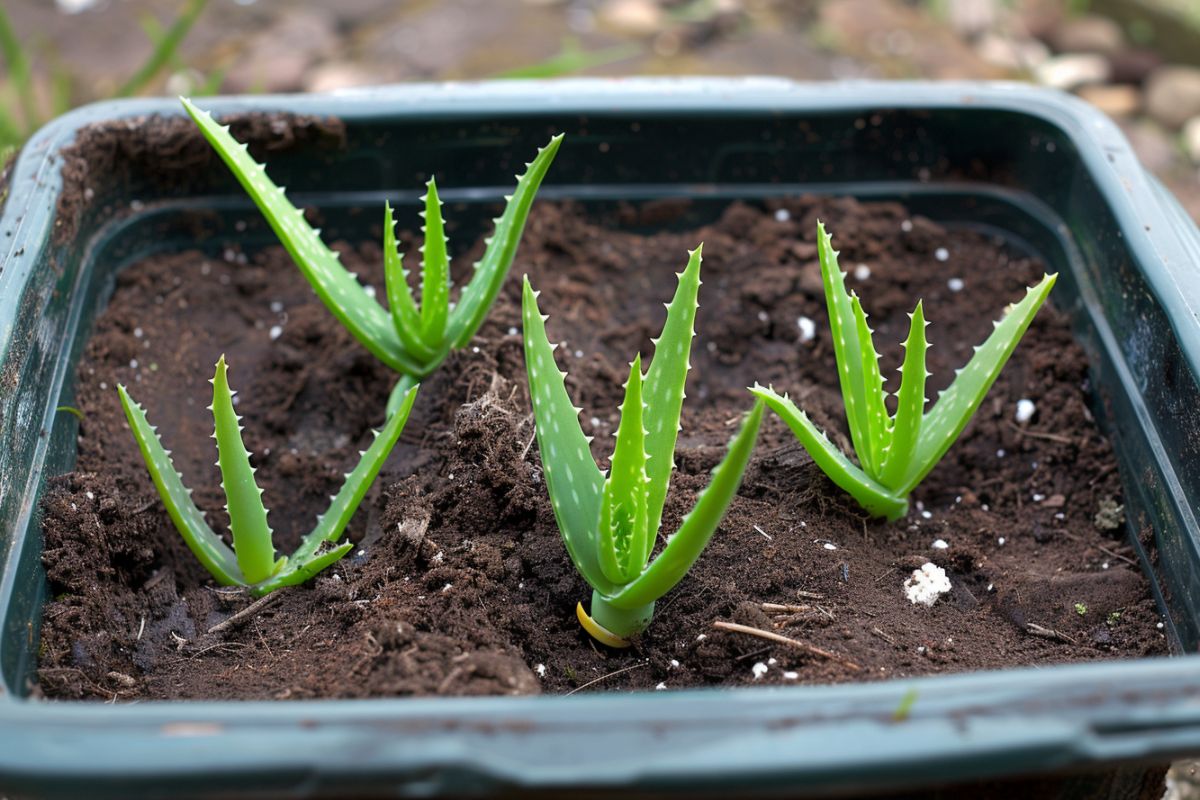 A rectangular black planter box filled with soil contains four young aloe vera plants. The plants have bright green, fleshy, pointed leaves with small serrations along the edges. 