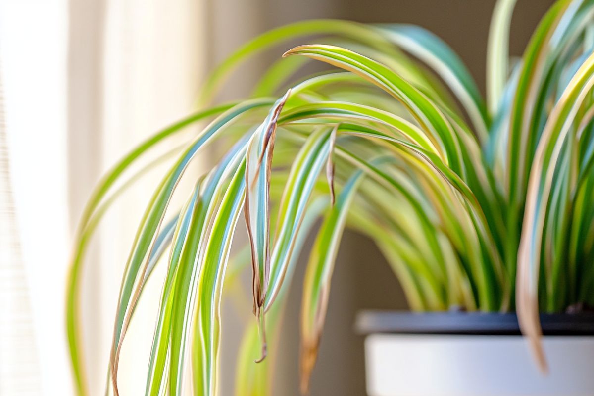 A close-up of a potted spider plant with long, arching green leaves featuring white stripes. Some of the leaf tips are brown and wilting.